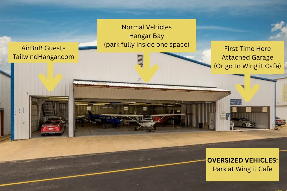 Airport Parking at Hicks Airport inside the Pilot Rise hangar garage