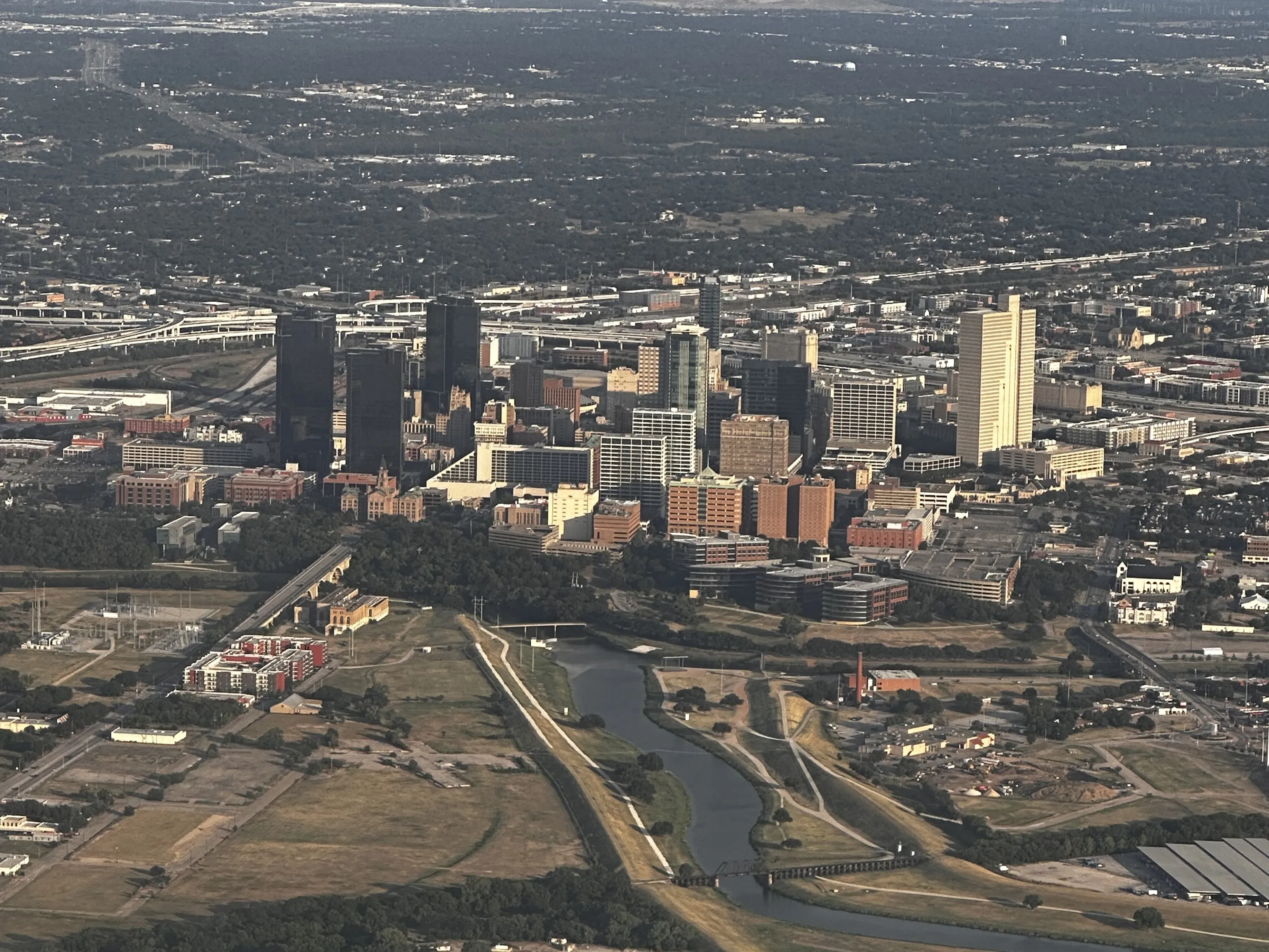 AI in flight training at Pilot Rise - aerial view of Downtown Fort Worth