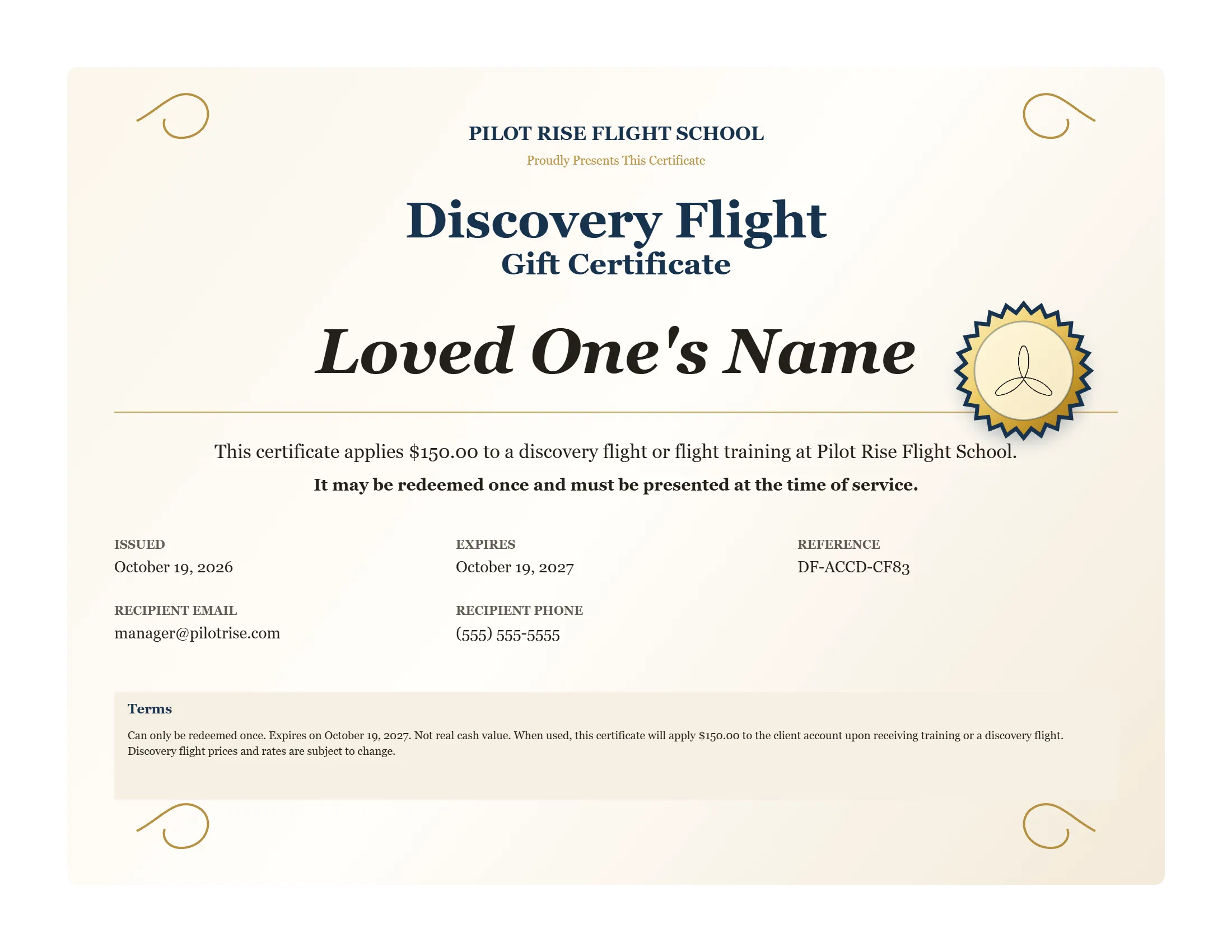 Sample Discovery Flight Gift Certificate
