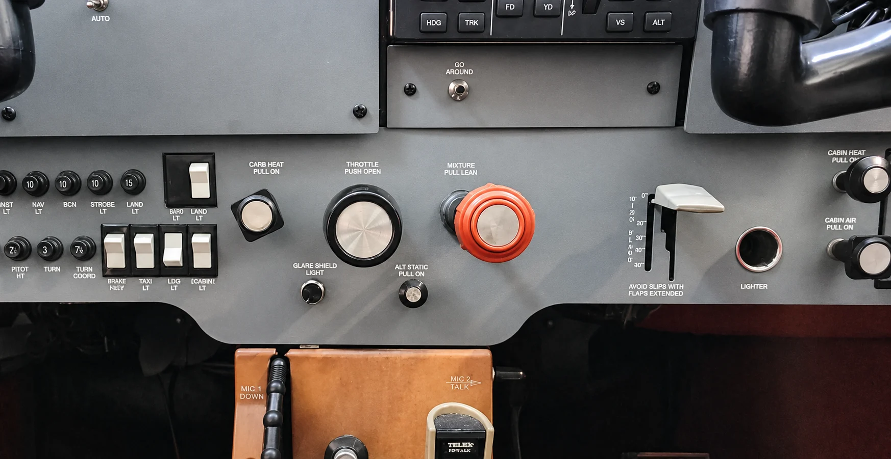 Labeled throttle, mixture, carburetor heat, and primer controls in a Cessna cockpit