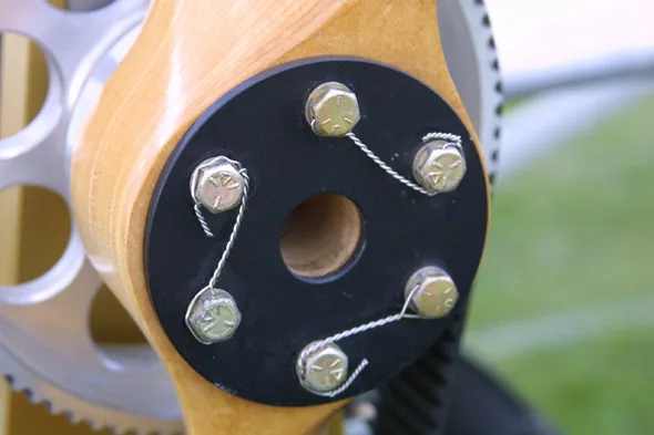 Safety wire installed on propeller hardware