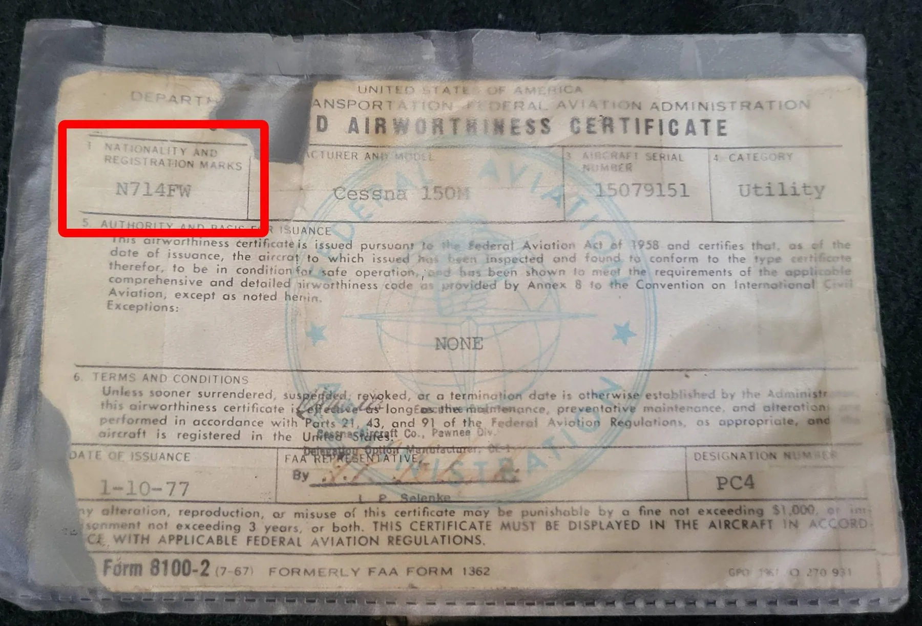 Airworthiness certificate with aircraft registration number identified