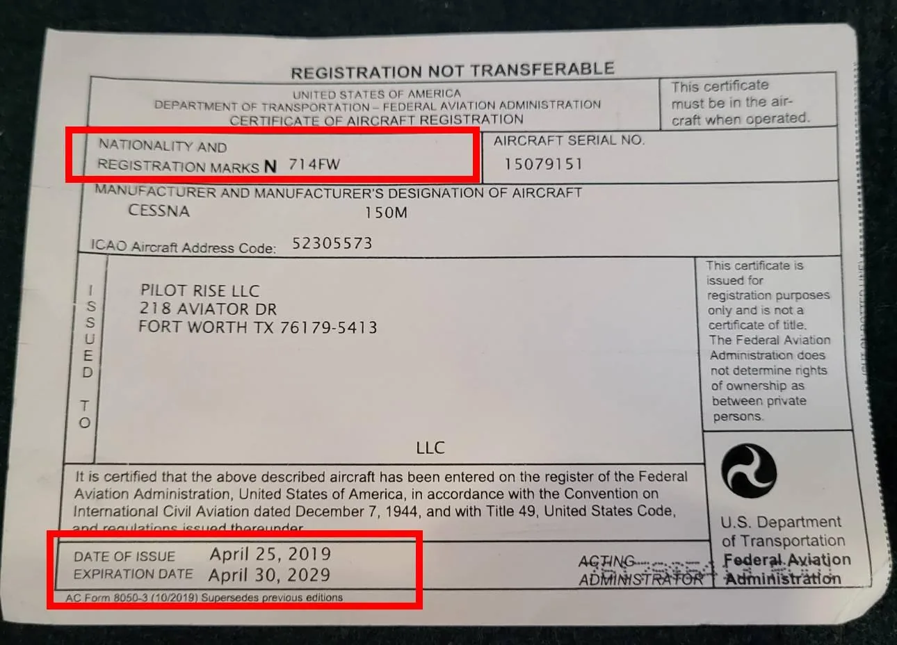 Aircraft registration with number and expiration identified