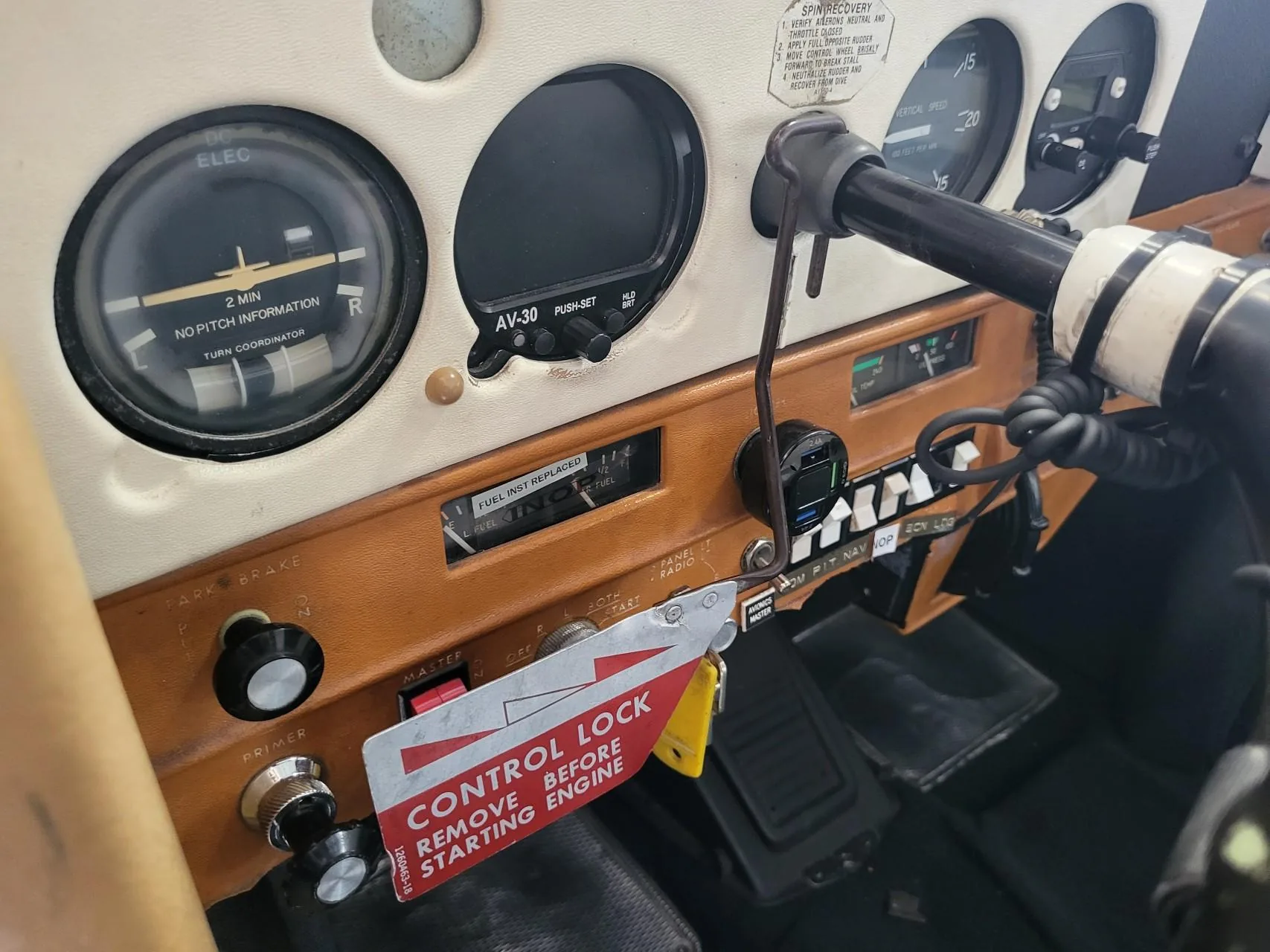 Control lock installed in an aircraft