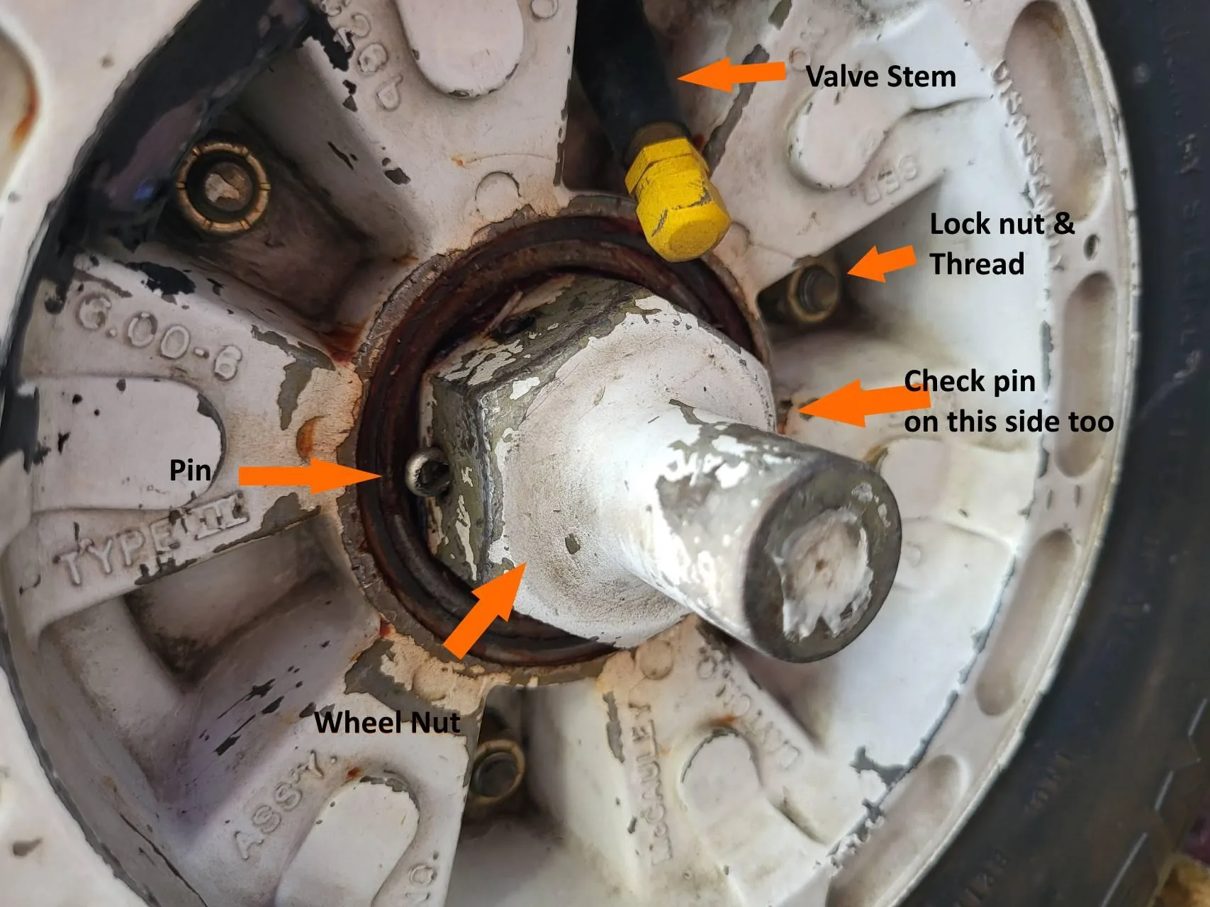 Main wheel axle nut and cotter pin